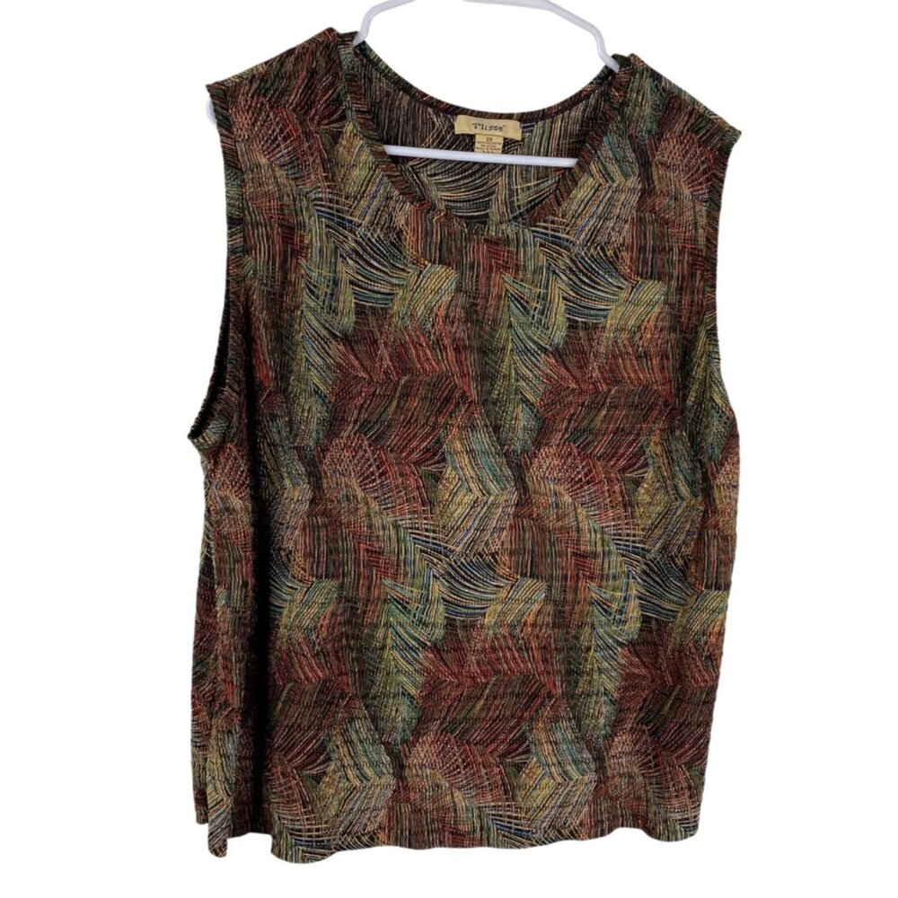 Plisse Top Women's Sleeveless Micro Pleats Abstract Pattern Multicolor Sz 2X VTG